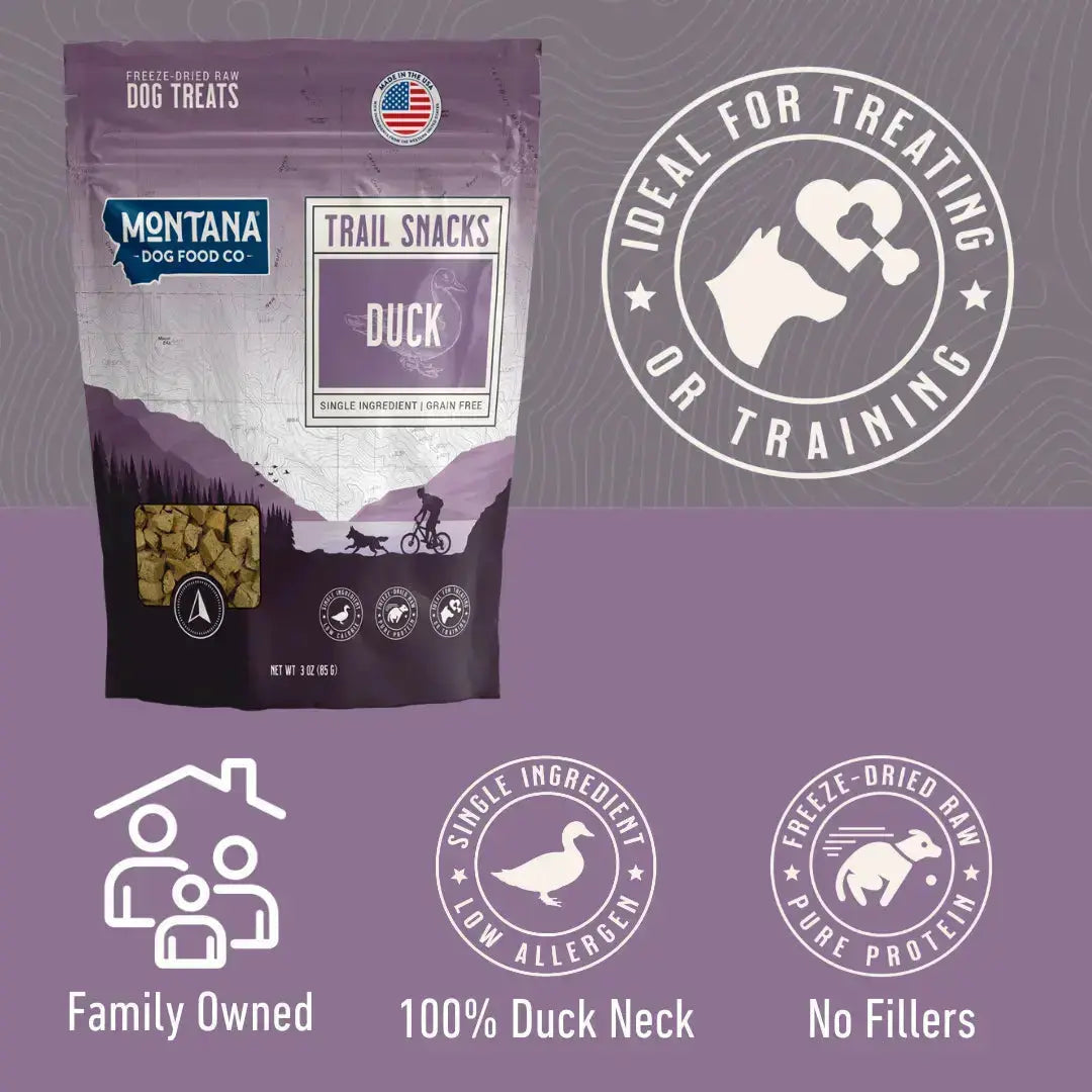 Duck Freeze-dried Raw Trail Snacks (Treats) for Dogs 3oz Montana Dog Food Co