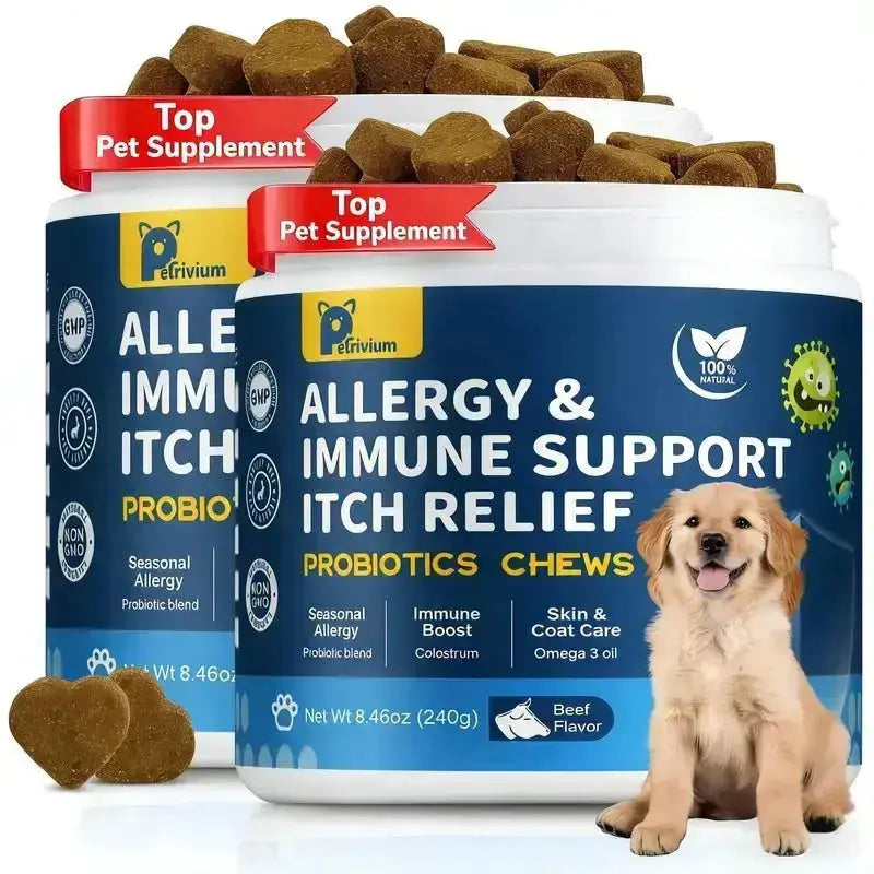 【Upgraded Formula】Petrivium Probiotic Chews for Dogs (All Ages, 24 Months Shelf Life) - 120Ct Jumbo Size Chicken Flavor, Pumpkin-Infused Topper with Colostrum Fish Oil, Helps Ease Paw Licking, Supports Allergy Relief, Gut & Immune Health