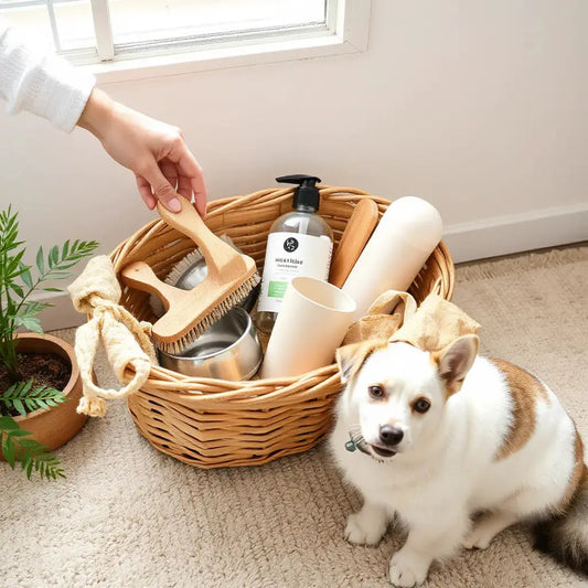 Natural pet care items and bowls arranged in a basket with a dog and cat nearby