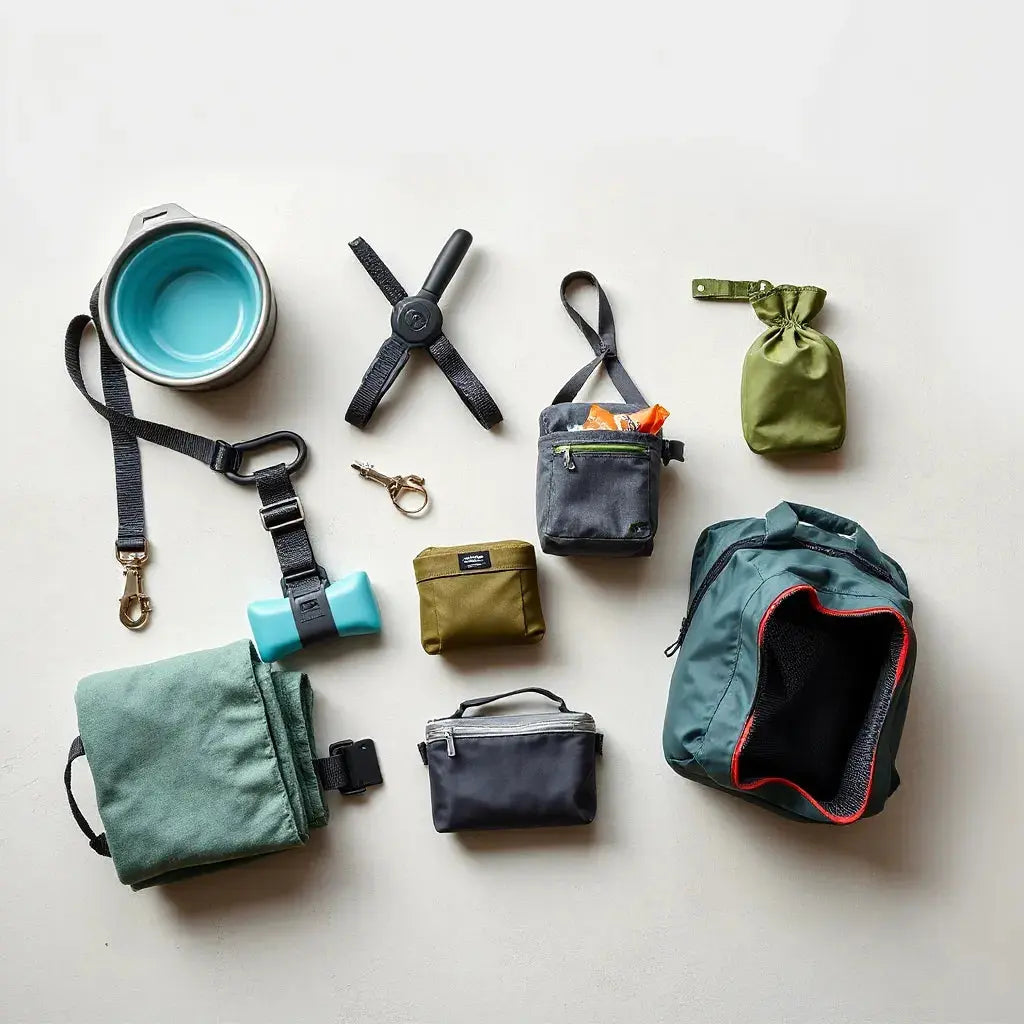 Neatly arranged portable travel items for pets, including leash, collapsible bowl, blanket, and compact carrier