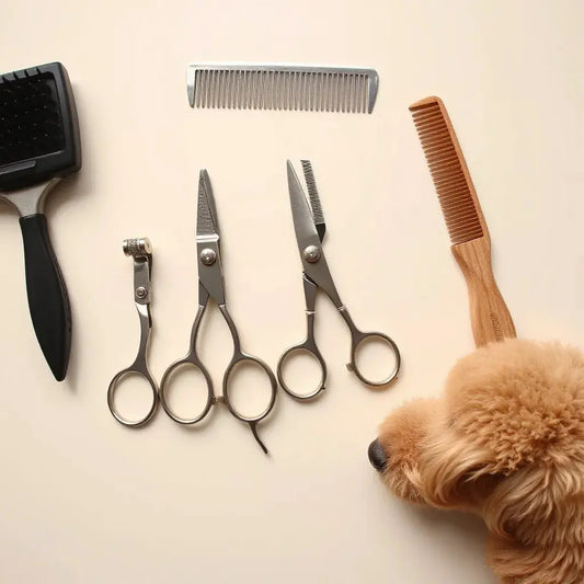 Assorted dog grooming tools including brushes, comb, and nail clippers arranged on a neutral background.