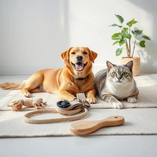 Dog and cat with natural hemp leash, recycled chew toy, and biodegradable pet accessories on a neutral rug