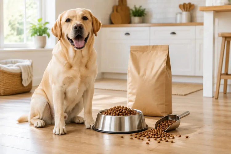 Labrador with a bowl of dry kibble
