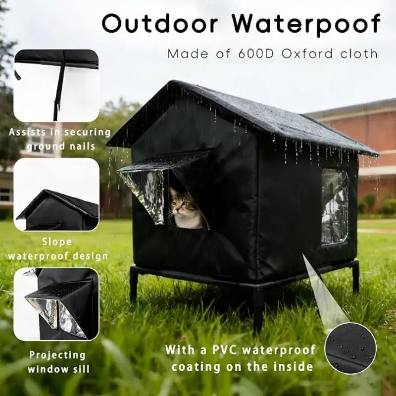 Insulated Outdoor Cat House for Feral Cats, Waterproof Shelter with Sloped Roof & Transparent Window