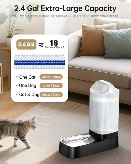2.4 Gallon Gravity Pet Water Dispenser with 304 Stainless Steel Bowl - Pet Water Bottle