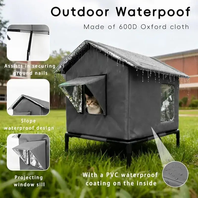 Insulated Outdoor Cat House for Feral Cats, Waterproof Shelter with Sloped Roof & Transparent Window