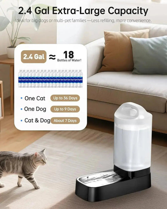 2.4 Gallon Gravity Pet Water Dispenser with 304 Stainless Steel Bowl - Pet Water Bottle
