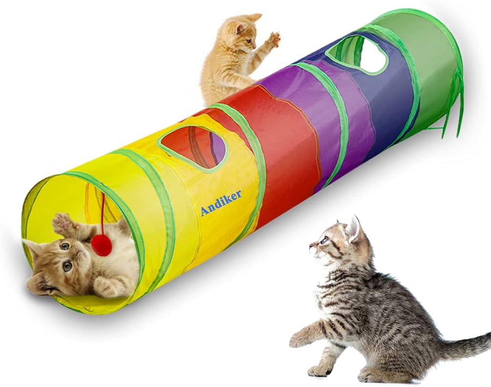 Exciting Cat Tunnel for Indoor Play - 45" Colorful Rainbow Collapsible Tube with Fun Ball and Interactive Holes for Kittens and Cats