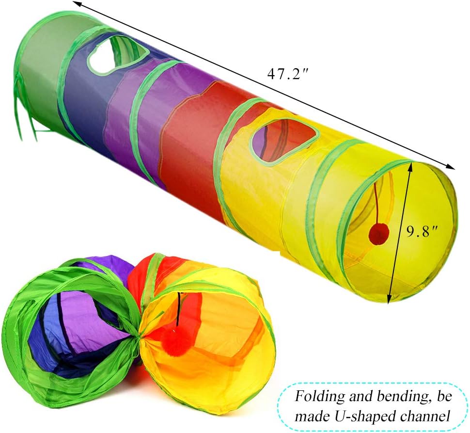 Exciting Cat Tunnel for Indoor Play - 45" Colorful Rainbow Collapsible Tube with Fun Ball and Interactive Holes for Kittens and Cats