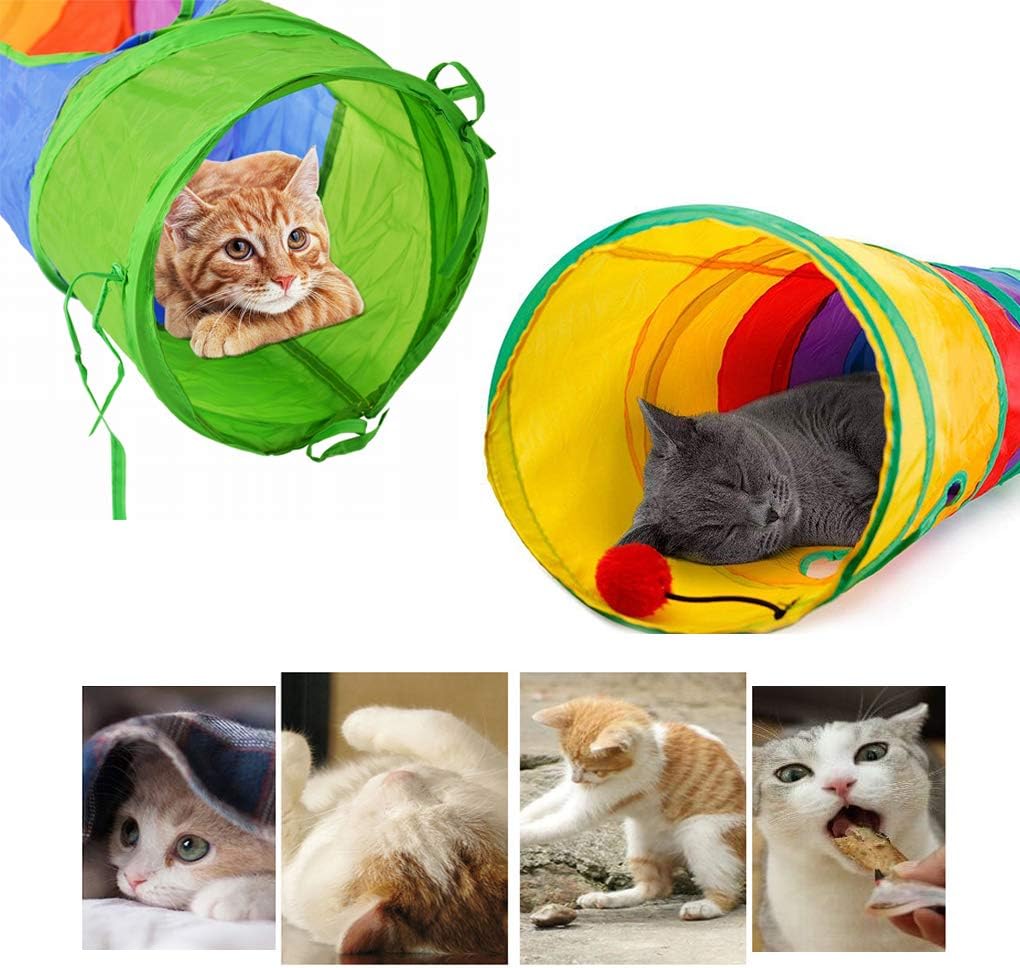 Exciting Cat Tunnel for Indoor Play - 45" Colorful Rainbow Collapsible Tube with Fun Ball and Interactive Holes for Kittens and Cats