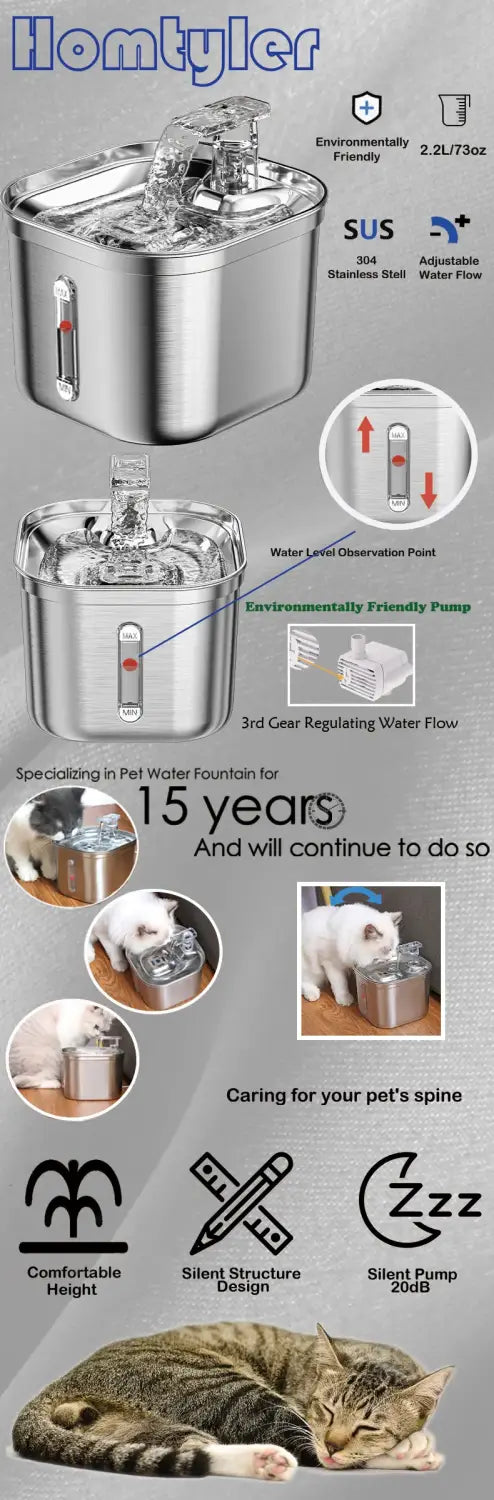 Stainless Steel Cat Fountain, 2.2L/73Oz Pet Water Fountain with 3 Filters & Ultra-Quiet Pump