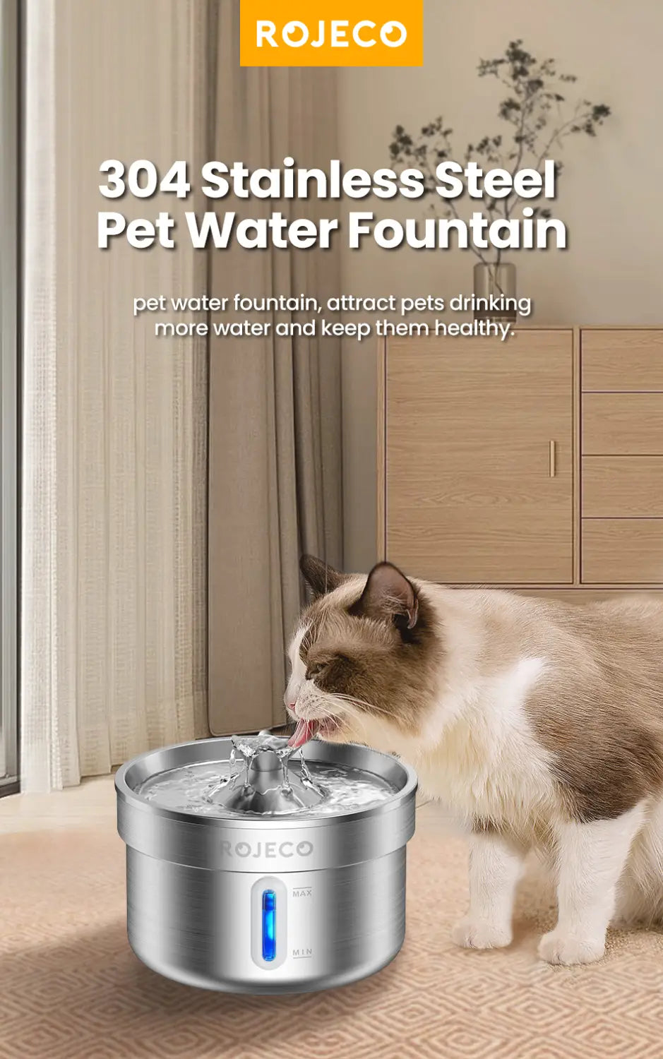 Rojeco Stainless Steel Pet Fountain for Clean Fresh Water