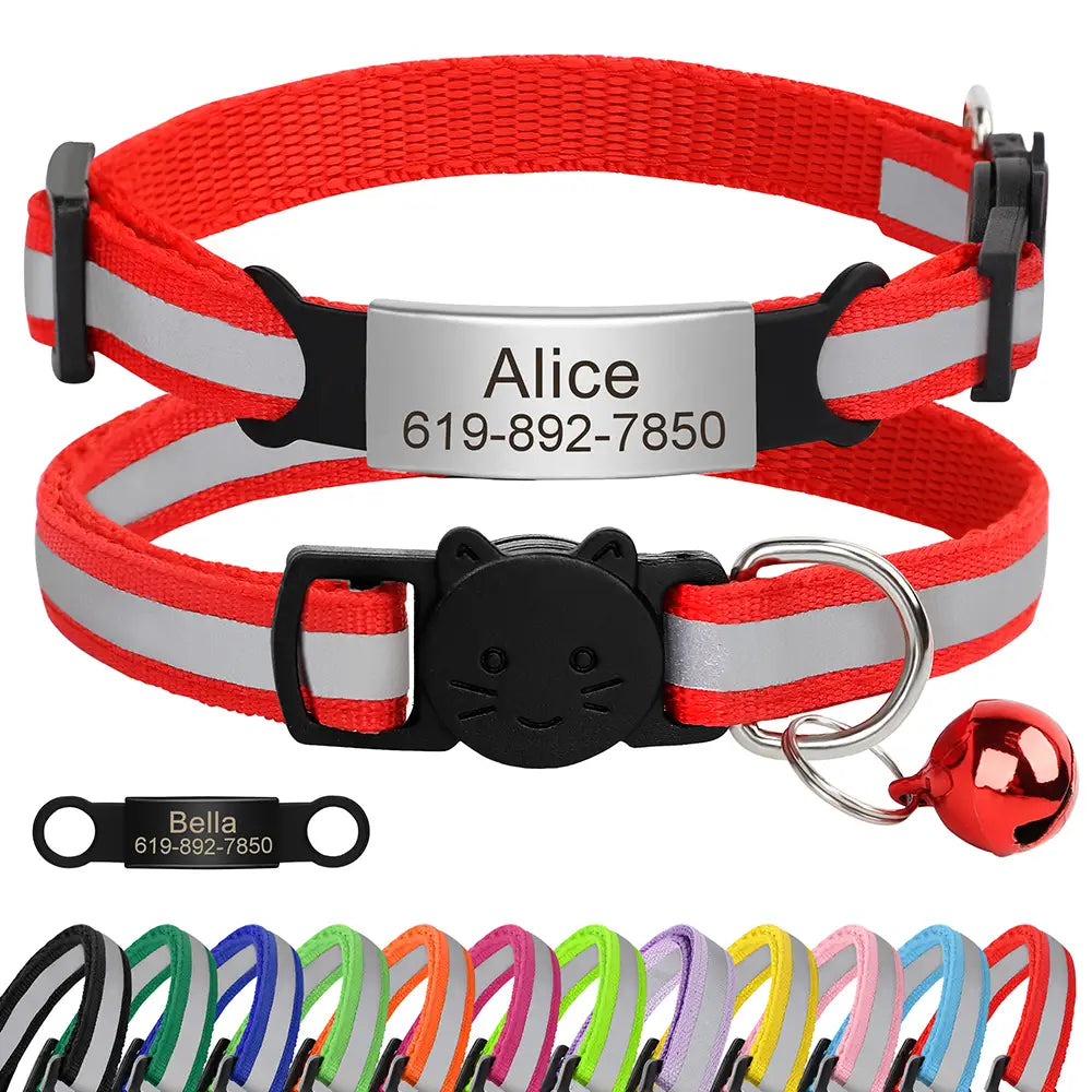Reflective Cat Collar with Custom Engraved ID Tag