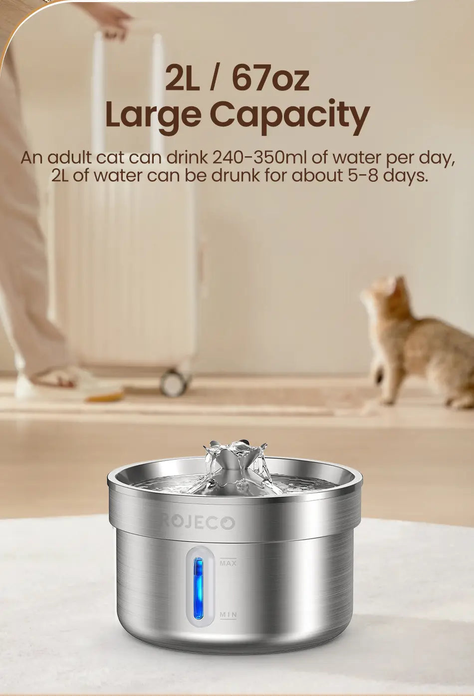 Rojeco Stainless Steel Pet Fountain for Clean Fresh Water
