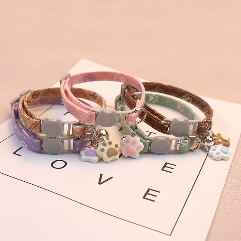 Pet Collar With Bell Cartoon Footprint Colorful Dog Puppy Kitten Collar Adjustable Safety Bell Ring Necklace Pet