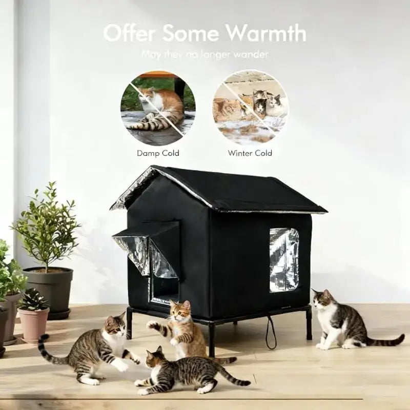 Insulated Outdoor Cat House for Feral Cats, Waterproof Shelter with Sloped Roof & Transparent Window