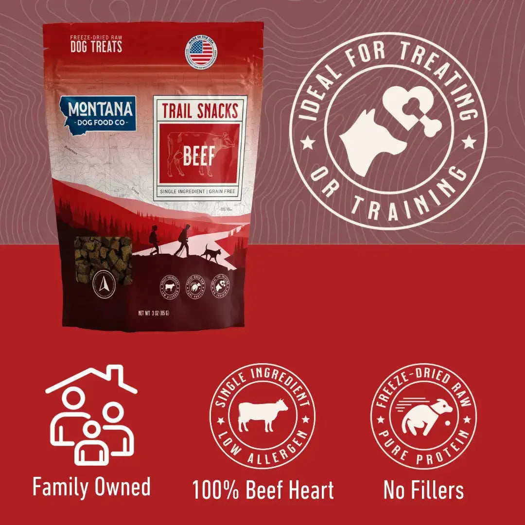 Beef Heart Freeze-dried Raw Trail Snacks (Treats) for Dogs 3oz Montana Dog Food Co