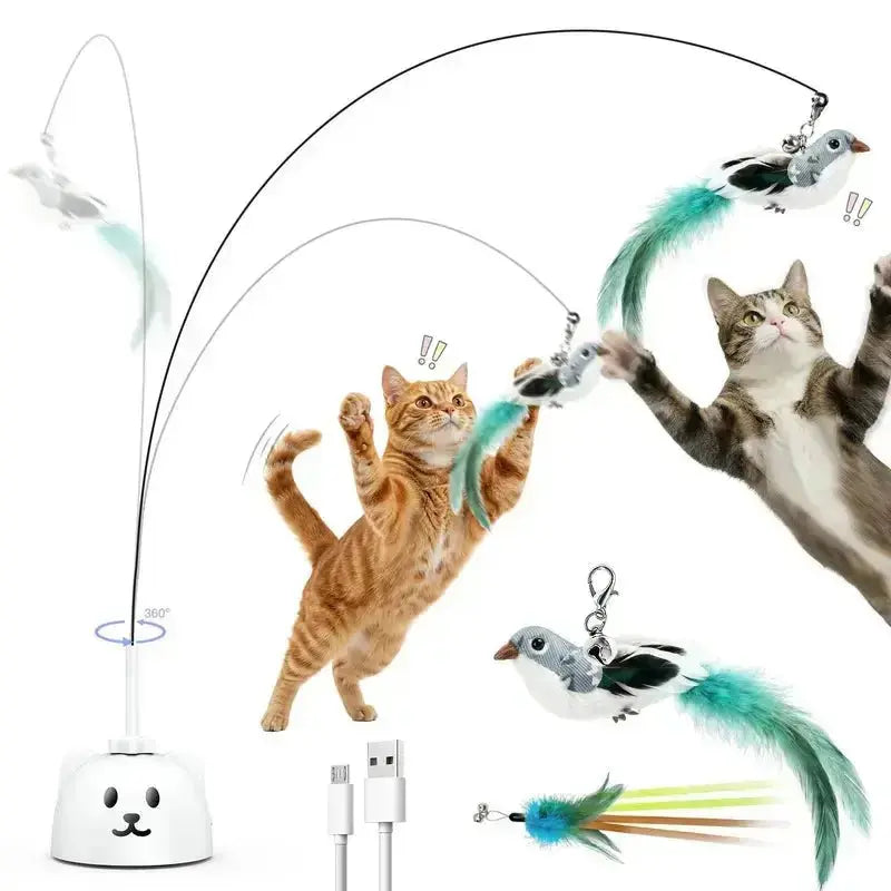 CATPICK Interactive Flying Bird Cat Toy, Automatic Teaser with Suction Cup, Dual Modes – 360° Rotation & Random Jumping, Auto Start/Stop, Safe Silicone Rod, USB Rechargeable for Kittens & Adult Cats