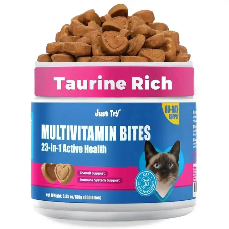 JUST TRY Cat 23 in 1 Multivitamin Bites Chicken Flavor Overall Health Support, Heart Health Care, with Taurine & Lysine, Cat Supplements for Indoor & Senior Cat, 300Bites 6.35 OZ #Sohochic