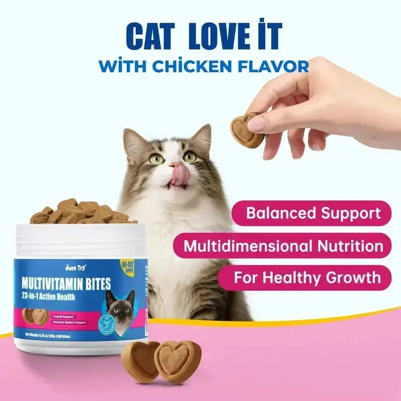 JUST TRY Cat 23 in 1 Multivitamin Bites Chicken Flavor Overall Health Support, Heart Health Care, with Taurine & Lysine, Cat Supplements for Indoor & Senior Cat, 300Bites 6.35 OZ #Sohochic