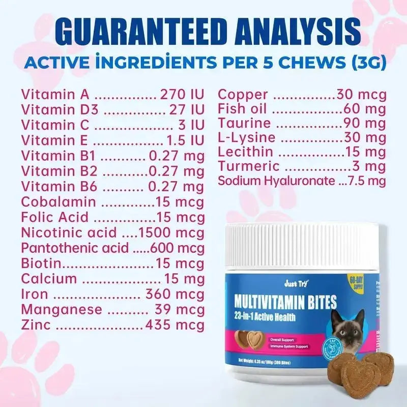 JUST TRY Cat 23 in 1 Multivitamin Bites Chicken Flavor Overall Health Support, Heart Health Care, with Taurine & Lysine, Cat Supplements for Indoor & Senior Cat, 300Bites 6.35 OZ #Sohochic