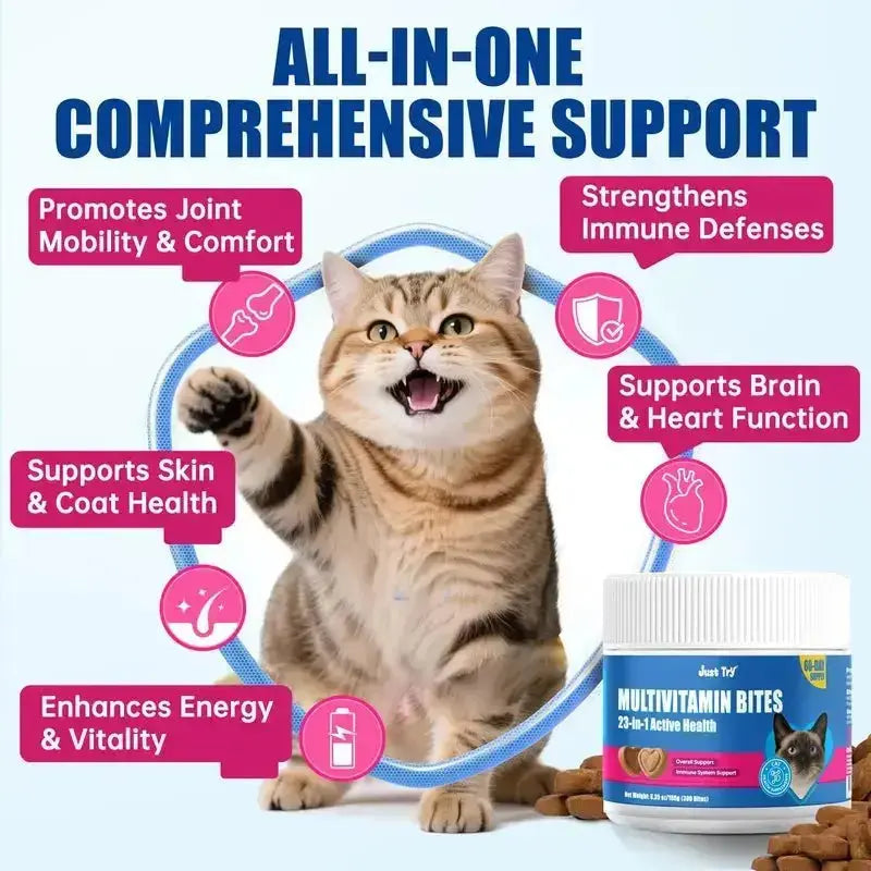 JUST TRY Cat 23 in 1 Multivitamin Bites Chicken Flavor Overall Health Support, Heart Health Care, with Taurine & Lysine, Cat Supplements for Indoor & Senior Cat, 300Bites 6.35 OZ #Sohochic