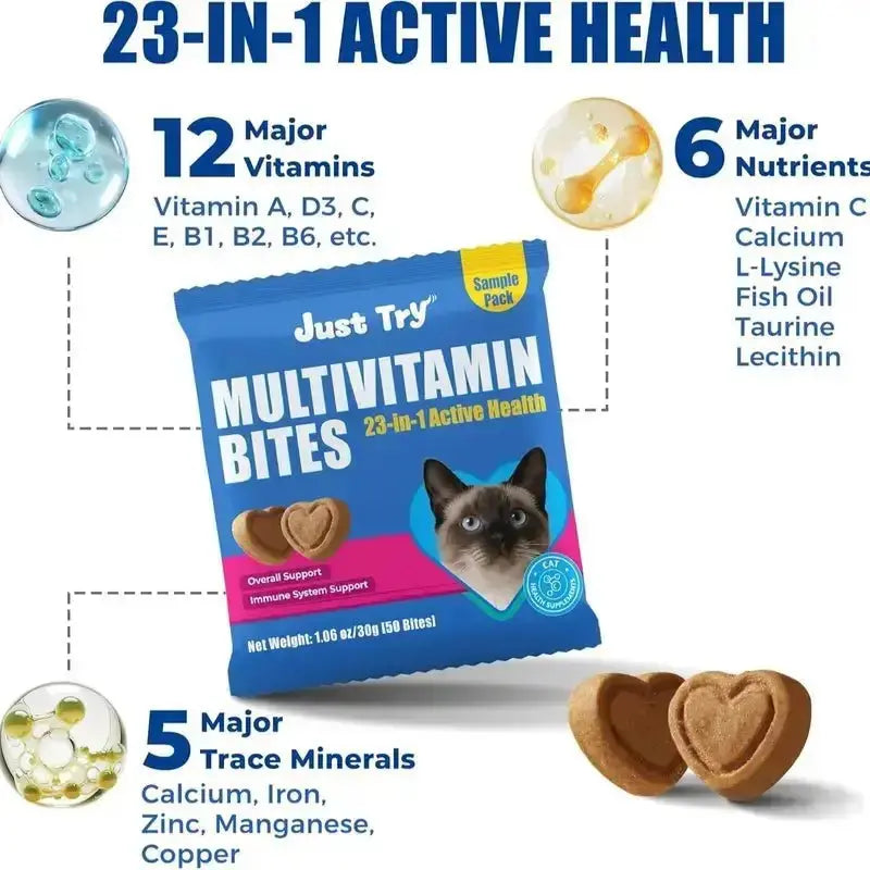 JUST TRY Cat 23 in 1 Multivitamin Bites Chicken Flavor Overall Health Support, Heart Health Care, with Taurine & Lysine, Cat Supplements for Indoor & Senior Cat, 300Bites 6.35 OZ #Sohochic