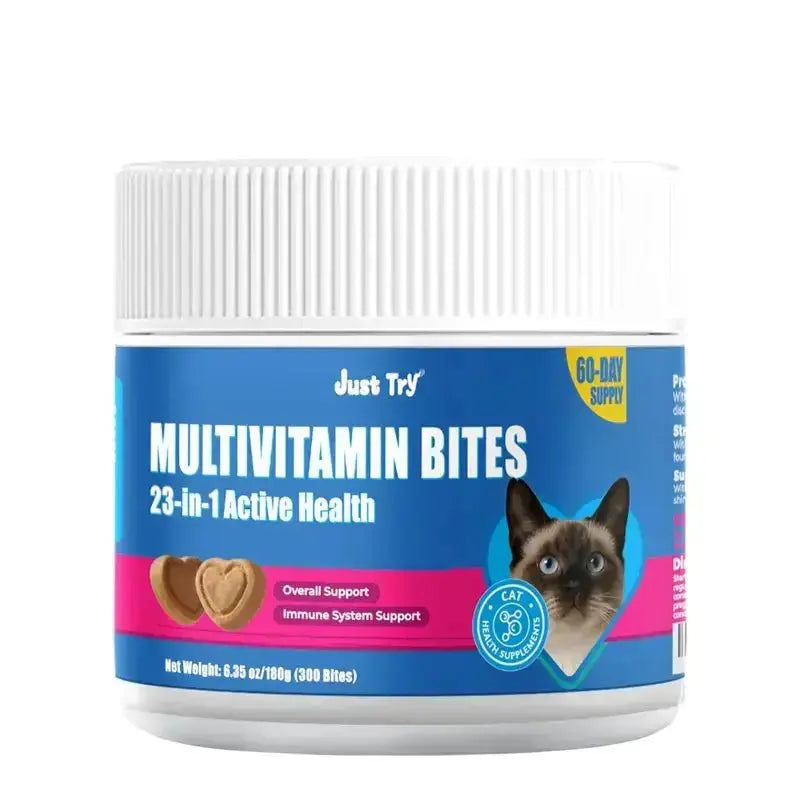JUST TRY Cat 23 in 1 Multivitamin Bites Chicken Flavor Overall Health Support, Heart Health Care, with Taurine & Lysine, Cat Supplements for Indoor & Senior Cat, 300Bites 6.35 OZ #Sohochic