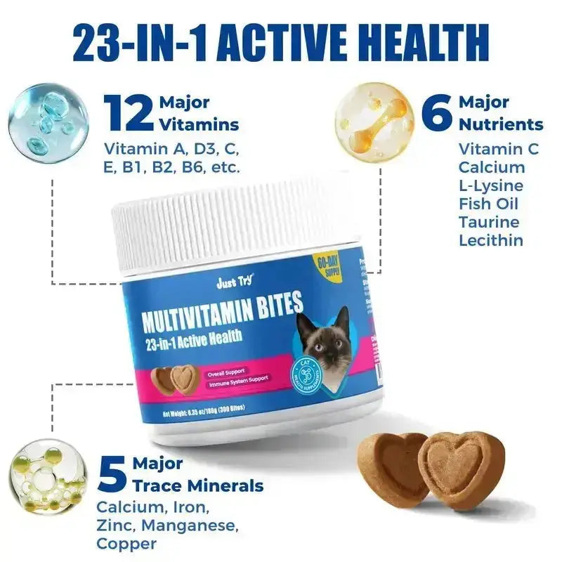 JUST TRY Cat 23 in 1 Multivitamin Bites Chicken Flavor Overall Health Support, Heart Health Care, with Taurine & Lysine, Cat Supplements for Indoor & Senior Cat, 300Bites 6.35 OZ #Sohochic