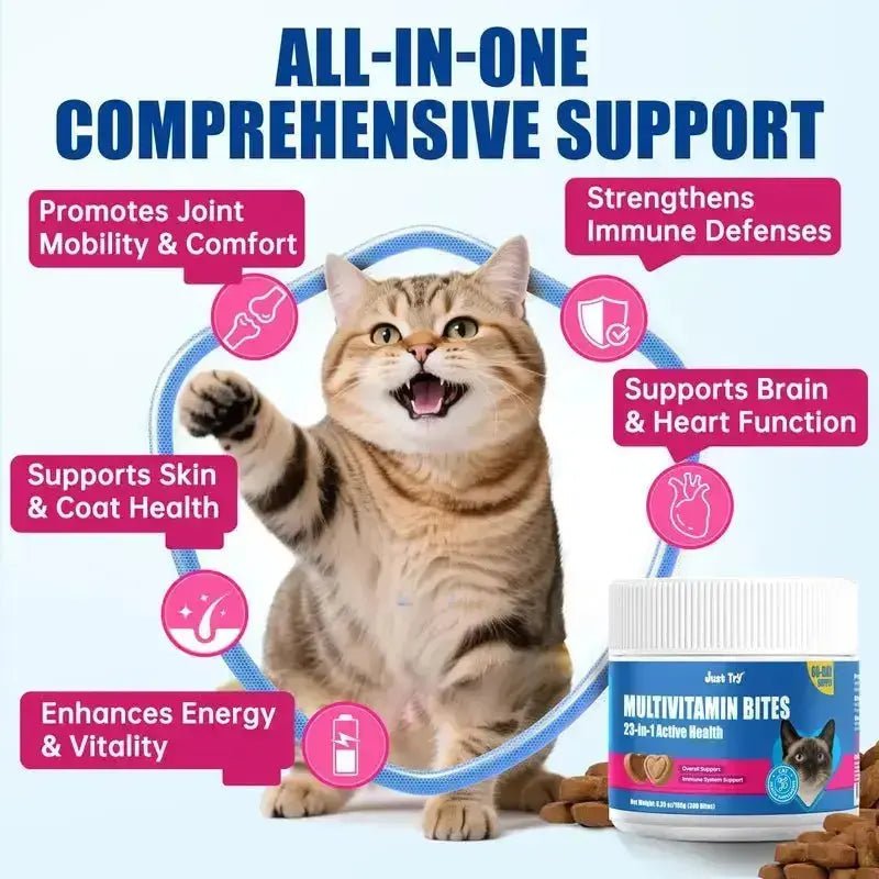 JUST TRY Cat 23 in 1 Multivitamin Bites Chicken Flavor Overall Health Support, Heart Health Care, with Taurine & Lysine, Cat Supplements for Indoor & Senior Cat, 300Bites 6.35 OZ #Sohochic