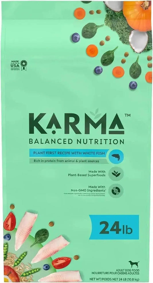 Karma Balanced Nutrition Plant-First Recipe, Adult Natural Dry Dog Food with White Fish, 24 Lb. Bag