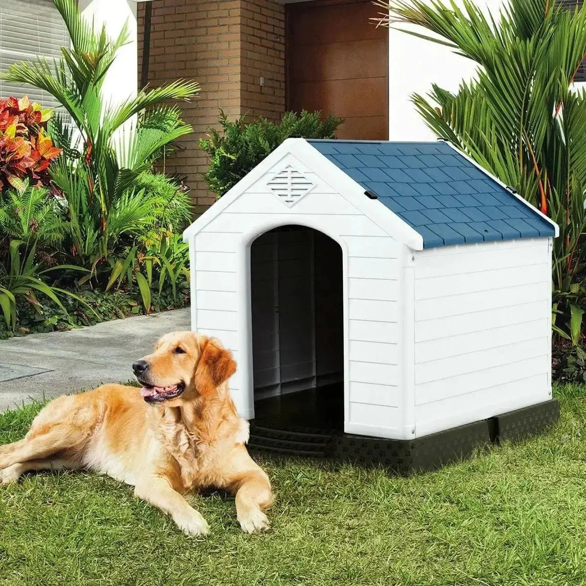 Medium Plastic Dog House Outdoor White Blue with Elevated Floor - Cat and Dog Beds