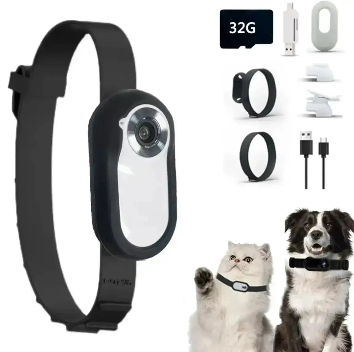 Pet Collar Camera - white / Blackwrist strap32G card