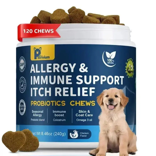 【Upgraded Formula】Petrivium Probiotic Chews for Dogs (All Ages, 24 Months Shelf Life) - 120Ct Jumbo Size Chicken Flavor, Pumpkin-Infused Topper with Colostrum Fish Oil, Helps Ease Paw Licking, Supports Allergy Relief, Gut & Immune Health