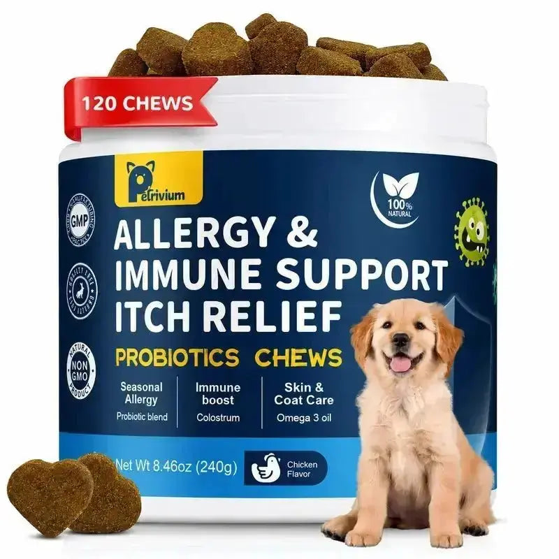【Upgraded Formula】Petrivium Probiotic Chews for Dogs (All Ages, 24 Months Shelf Life) - 120Ct Jumbo Size Chicken Flavor, Pumpkin-Infused Topper with Colostrum Fish Oil, Helps Ease Paw Licking, Supports Allergy Relief, Gut & Immune Health