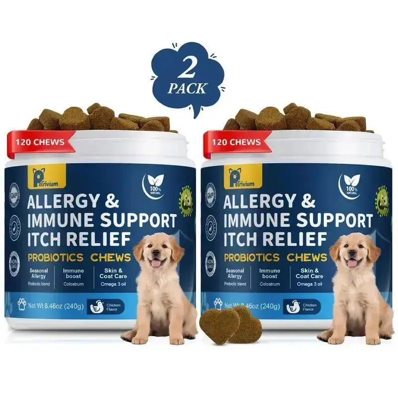 【Upgraded Formula】Petrivium Probiotic Chews for Dogs (All Ages, 24 Months Shelf Life) - 120Ct Jumbo Size Chicken Flavor, Pumpkin-Infused Topper with Colostrum Fish Oil, Helps Ease Paw Licking, Supports Allergy Relief, Gut & Immune Health