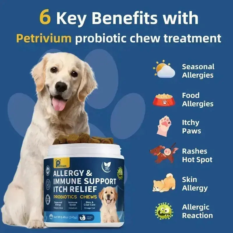 【Upgraded Formula】Petrivium Probiotic Chews for Dogs (All Ages, 24 Months Shelf Life) - 120Ct Jumbo Size Chicken Flavor, Pumpkin-Infused Topper with Colostrum Fish Oil, Helps Ease Paw Licking, Supports Allergy Relief, Gut & Immune Health