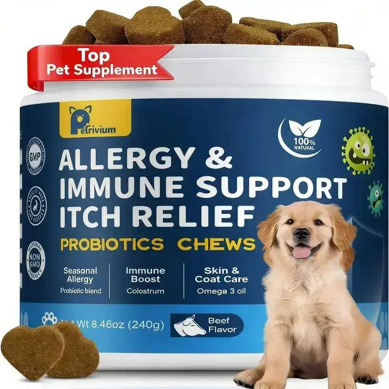 【Upgraded Formula】Petrivium Probiotic Chews for Dogs (All Ages, 24 Months Shelf Life) - 120Ct Jumbo Size Chicken Flavor, Pumpkin-Infused Topper with Colostrum Fish Oil, Helps Ease Paw Licking, Supports Allergy Relief, Gut & Immune Health