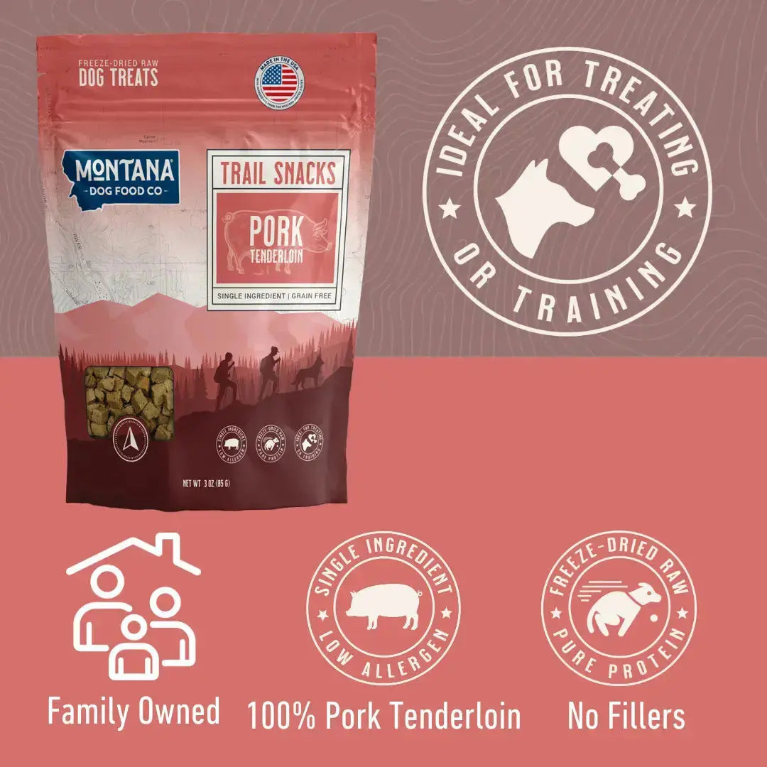 Pork Tenderloin Freeze-dried Raw Trail Snacks (Treats) for Dogs 3oz Montana Dog Food Co