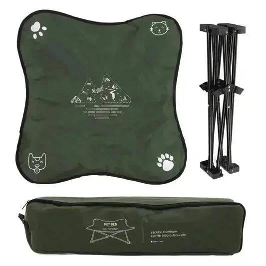 Portable elevated foldable pet bed raised off the ground for airflow