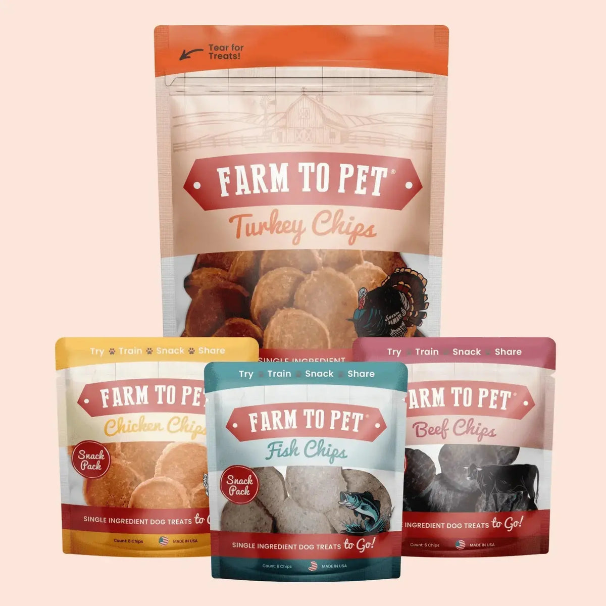 Puppy Packs ’n Snacks Dog Treat Starter Pack | Puppy Training Treats - Turkey 4oz + Beef + Chicken + Fish Snack Pack