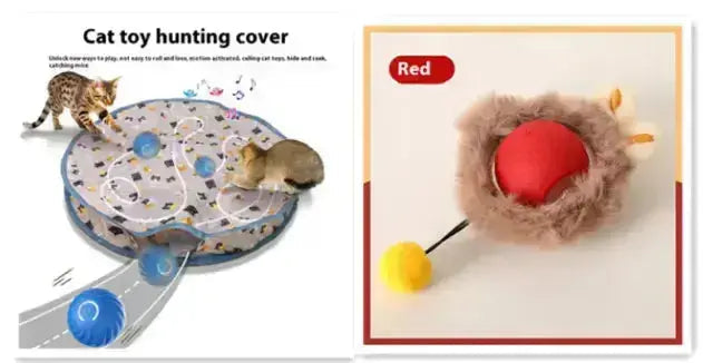 PurrPlay Self-Rolling Cat Toy Ball - Plush Cat Ball Red Set
