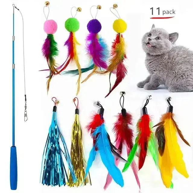Retractable Cat Feather Toy for Indoor Cats - B-11pack
