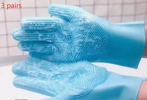 Silicone Dog Grooming Hair Comb Puppy Brush Glove Bath Cleaning - Blue 3pairs - Pets
