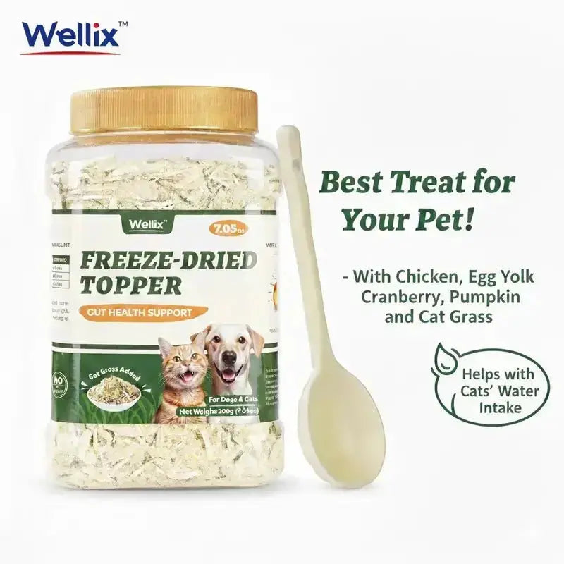 Wellix Dog & Cat Freeze Dried Food Topper Cat Grass, Chicken, Egg Yolk Flavor, Helps Hairball Removal Mixed Meal Topper 7.5 OZ #Sohochic