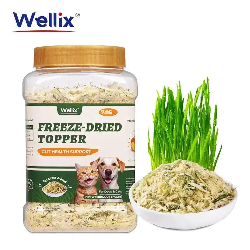 Wellix Dog & Cat Freeze Dried Food Topper Cat Grass, Chicken, Egg Yolk Flavor, Helps Hairball Removal Mixed Meal Topper 7.5 OZ #Sohochic