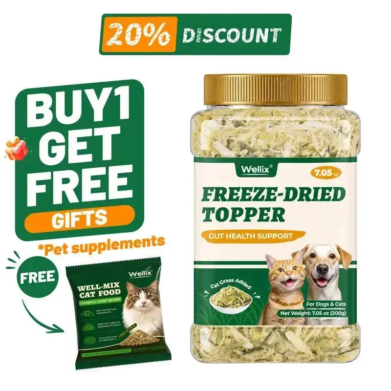 Wellix Dog & Cat Freeze Dried Food Topper Cat Grass, Chicken, Egg Yolk Flavor, Helps Hairball Removal Mixed Meal Topper 7.5 OZ #Sohochic