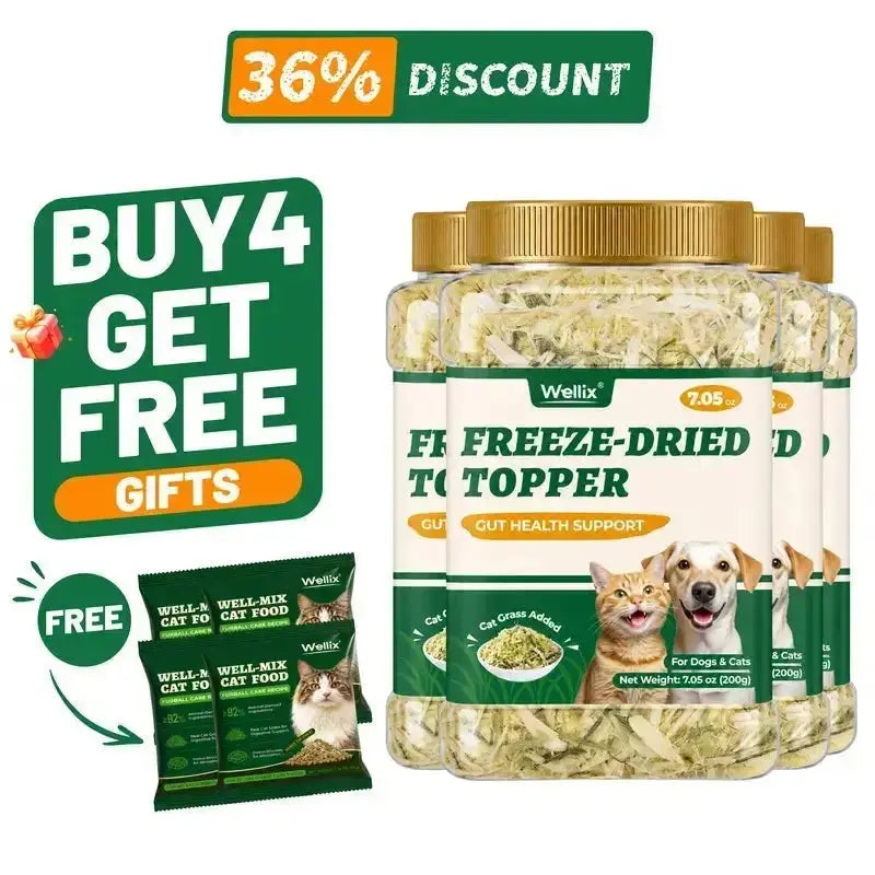 Wellix Dog & Cat Freeze Dried Food Topper Cat Grass, Chicken, Egg Yolk Flavor, Helps Hairball Removal Mixed Meal Topper 7.5 OZ #Sohochic