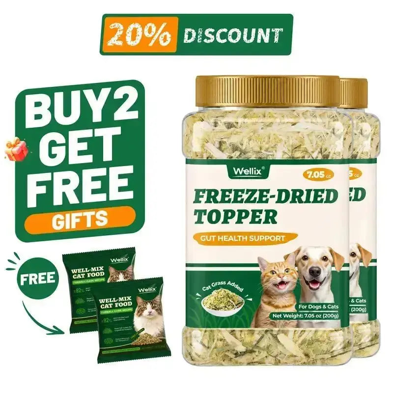 Wellix Dog & Cat Freeze Dried Food Topper Cat Grass, Chicken, Egg Yolk Flavor, Helps Hairball Removal Mixed Meal Topper 7.5 OZ #Sohochic